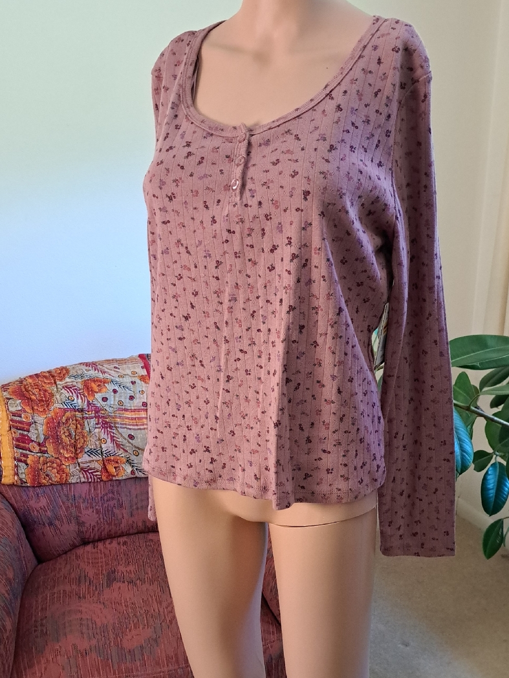 Pink Republic Mauve Floral Ribbed Long Sleeve Top XL